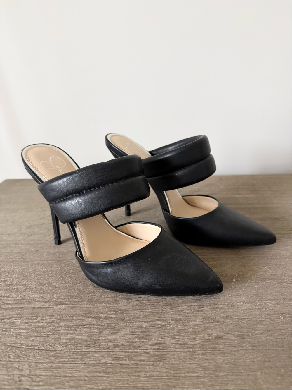 Jessica Simpson Woyde Pointed Toe Black Mule Heels with Padded Double Straps - 7